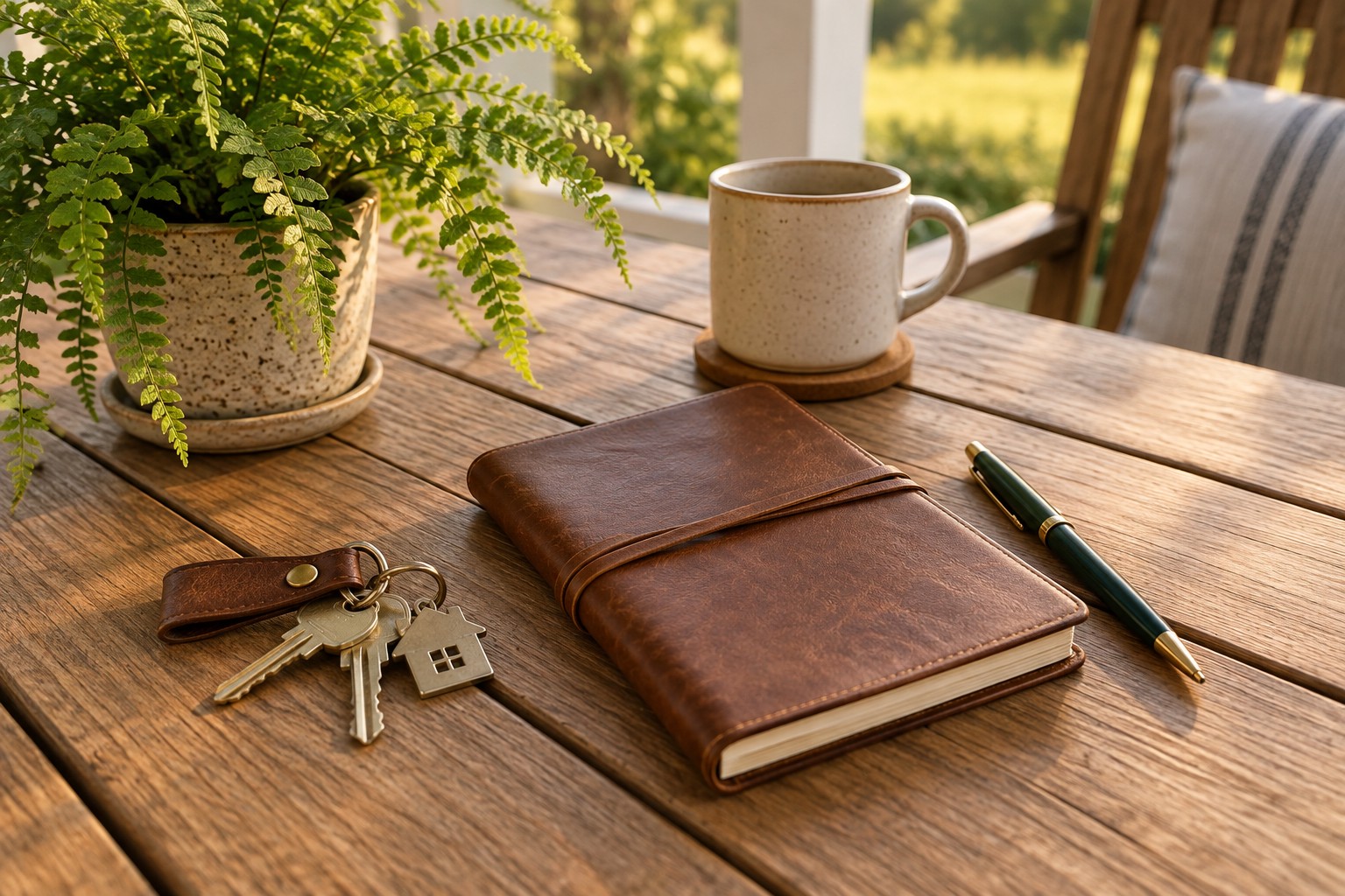 A porch rocking chair and house keys on a wood table, representing Tawny Carter, REALTOR at Keller Williams Alabama Gulf Coast