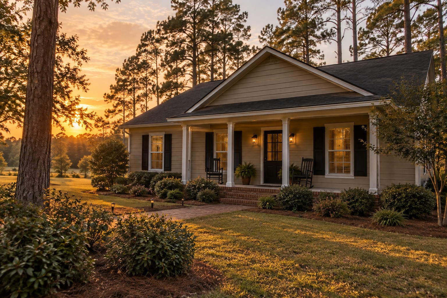 A South Alabama farmhouse-style home at golden hour, illustrative