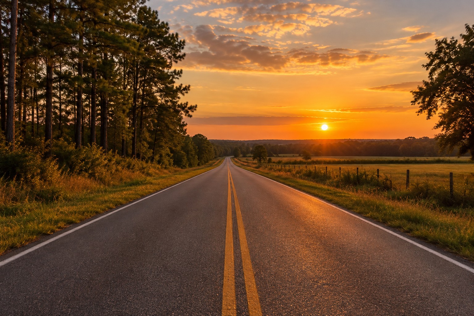 A South Alabama rural road at sunset, illustrative