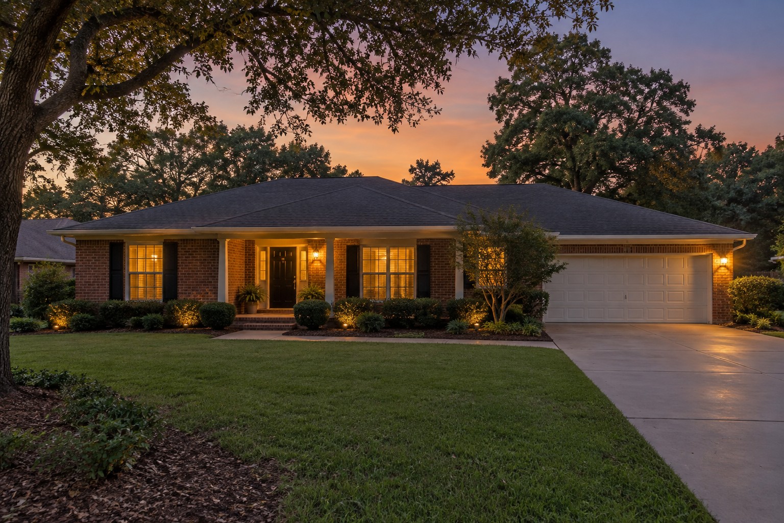 A South Alabama home exterior at dusk, illustrative